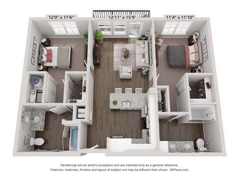Floor plan for 2 beds, 2 baths, 995 sqft
